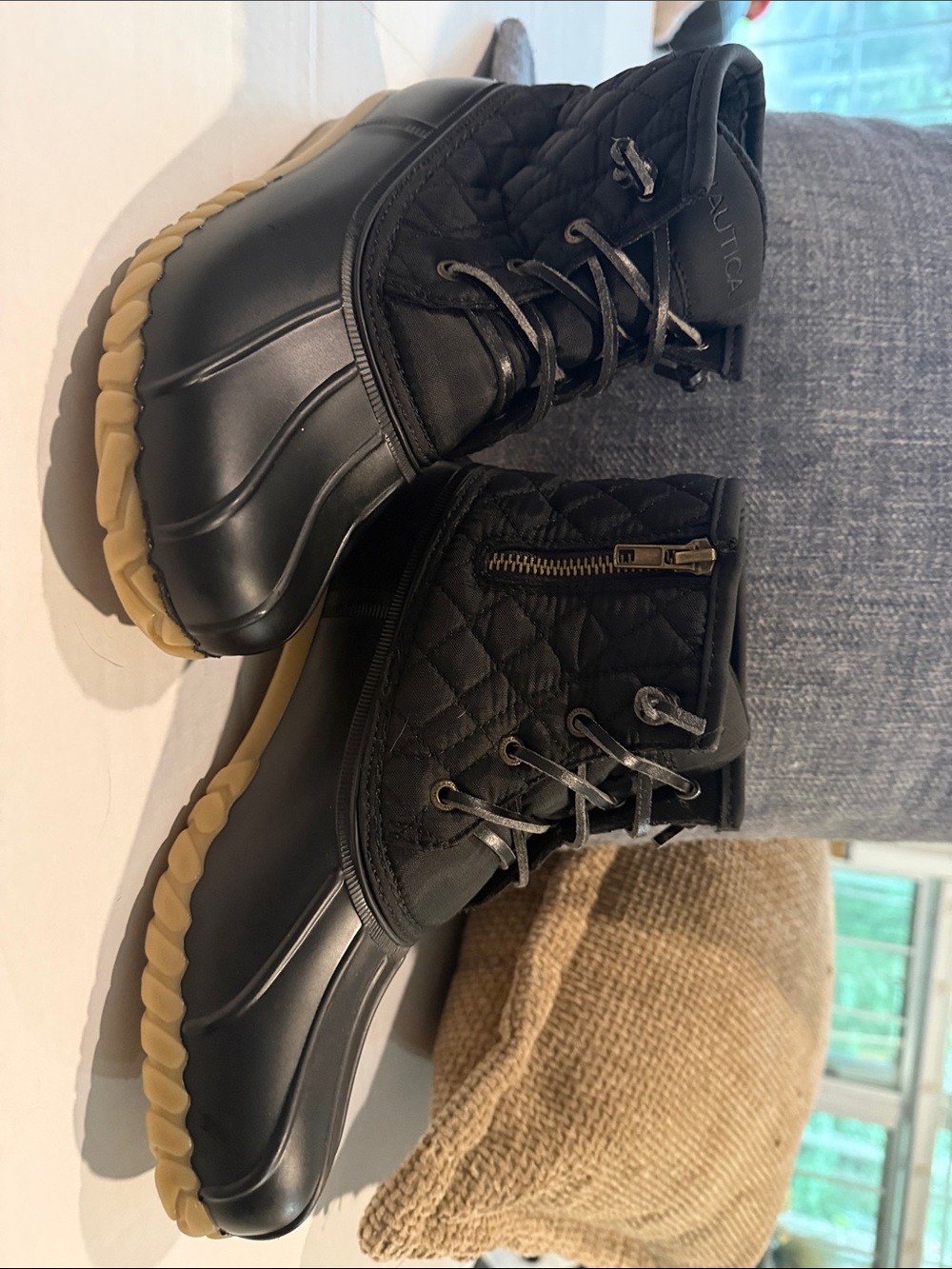 Nautica Dorsay Black Quilted Lace-Up Duck Boots with Tan Sole